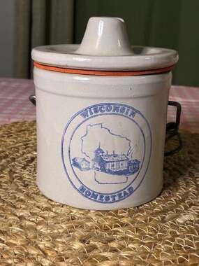Vintage Wisconsin Homestead Stoneware Cheese Crock with Wire Bail and Lid